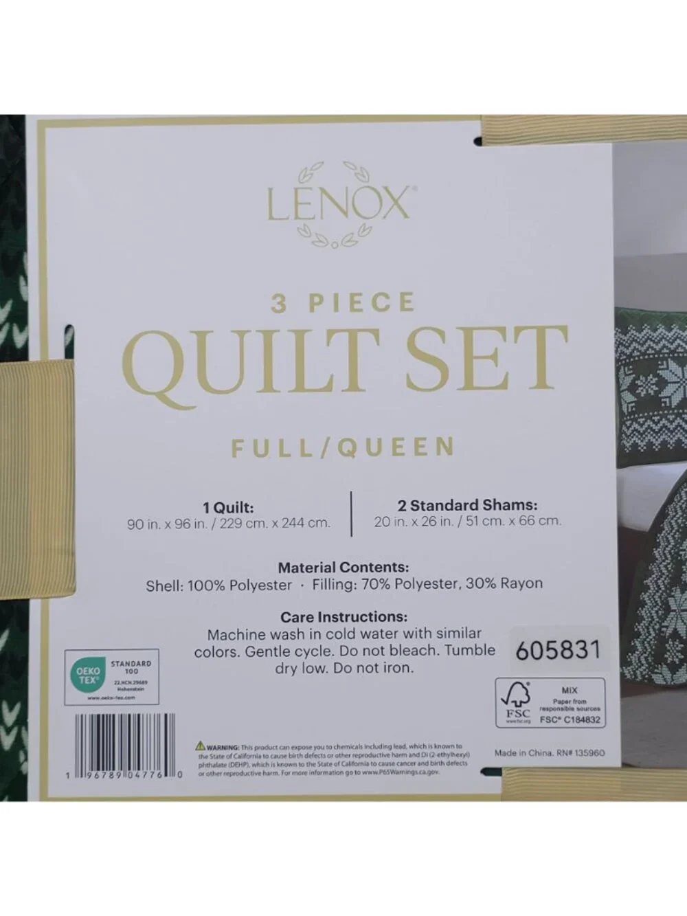 Lenox 3-Piece Full/Queen Quilt Set Green Snowflake Pattern Holiday Easy Care